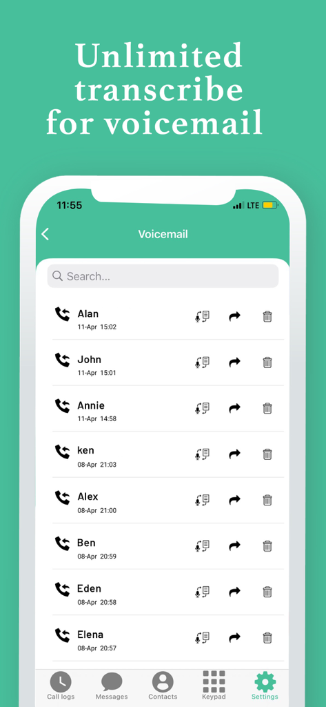 2nd Line, Second Phone Numbers - Captura de pantalla de la aplicación 2nd Line que muestra una lista de buzones de voz con una función de transcripción