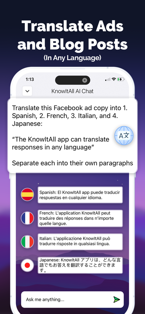 KnowIt AI app interface showing translation of a Facebook ad copy into multiple languages with flag icons
