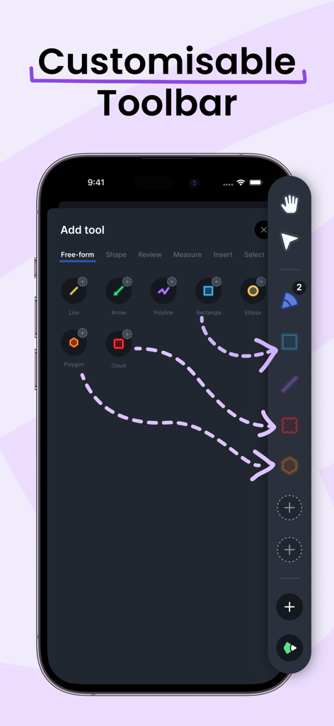 Screenshot of Drawboard PDF app showing how to customize the toolbar with various markup tools on an iPhone