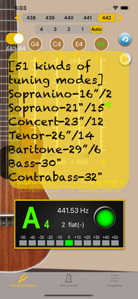 UkuleleTuner - Tuner for Uke - Pantalla del afinador de ukelele que muestra varios modos de afinación y el medidor de frecuencia de precisión