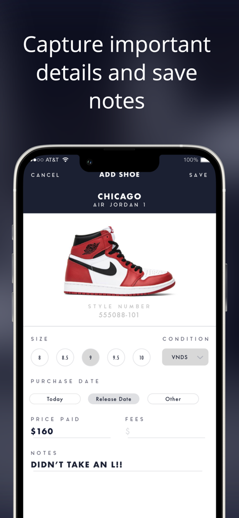 Smartphone screen showing the Unboxed app interface to add shoe details like size, condition, and price for a pair of Air Jordan 1 Chicago sneakers.