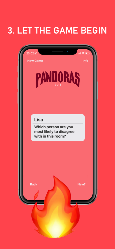 Pandoras - Interface de l'application Pandoras montrant une question brise-glace anonyme pour un jeu de soirée.