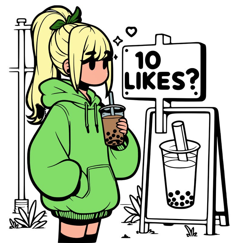 girl with oversized hoodie drinking boba and she has a high ponytail with a sign that says 10likes?