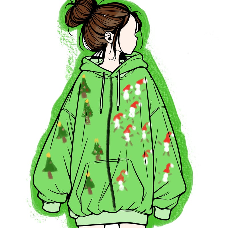realistic girl with a oversized sweatshirt on and a bun