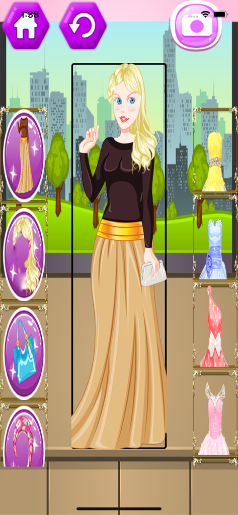 Uma personagem feminina loira a usar uma saia longa bege e top preto numa interface de jogo de moda árabe.