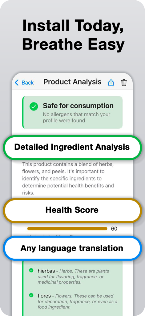 Allergen Test AI - AllerScan - Interfaz de la aplicación AllerScan que muestra un análisis detallado de ingredientes y una puntuación de salud para la seguridad alimentaria