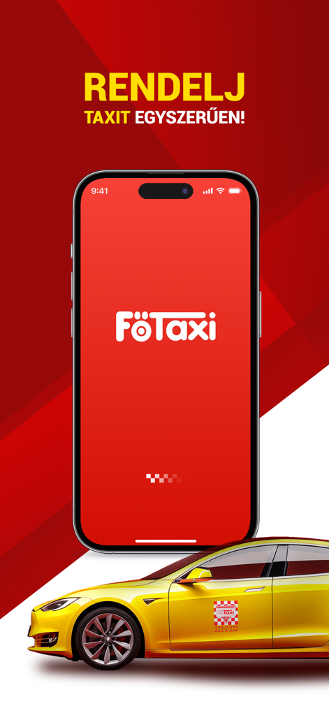 Fotaxi mobile app splash screen with logo and yellow taxi car