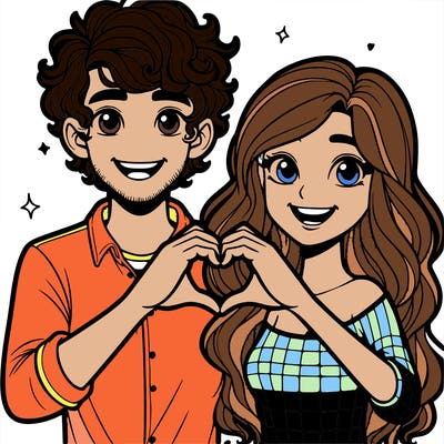 a guy with freckles and curly hair doing heart hands with his girlfriend with long wavy hair and they are both smiling