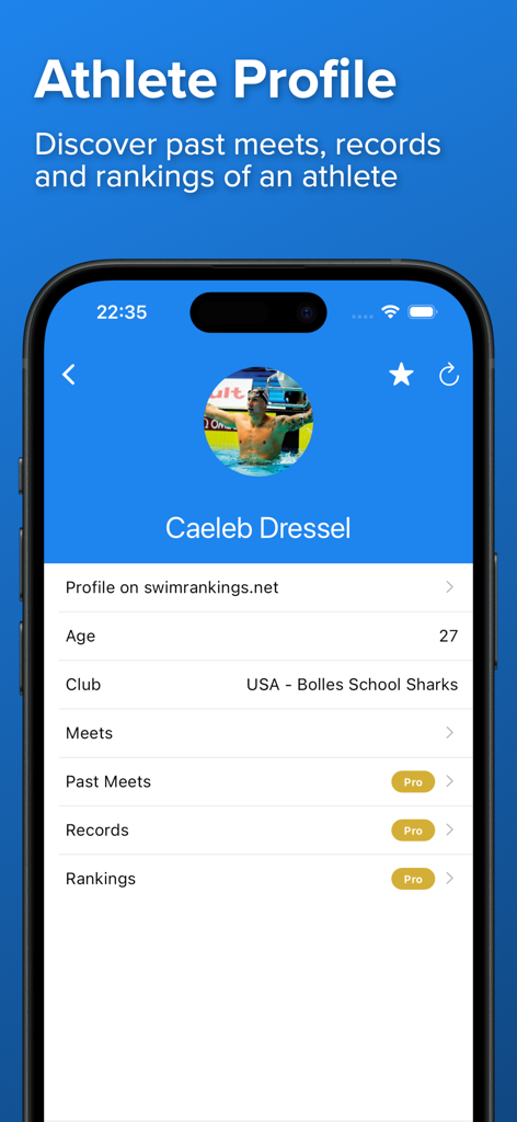 SplashMe - Swim Results - SplashMe mobile app screenshot showing an athlete profile for a competitive swimmer with access to past meets and rankings