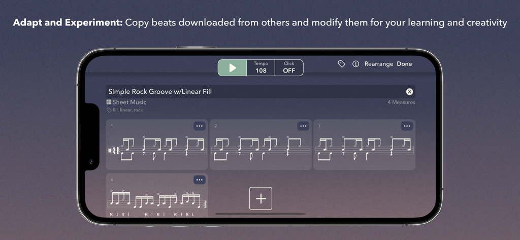 Pantalla de la aplicación Notación de Batería con cuatro compases de un groove de rock simple y fills lineales