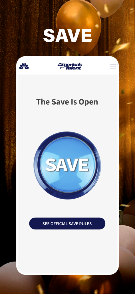 America’s Got Talent on NBC - Interfaz de la aplicación AGT mostrando un gran botón azul de guardar para la votación de los espectadores.