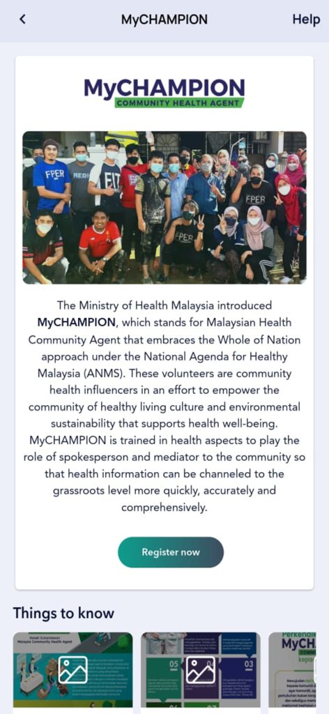 Screenshot of MySejahtera app featuring the MyCHAMPION community health agent program.