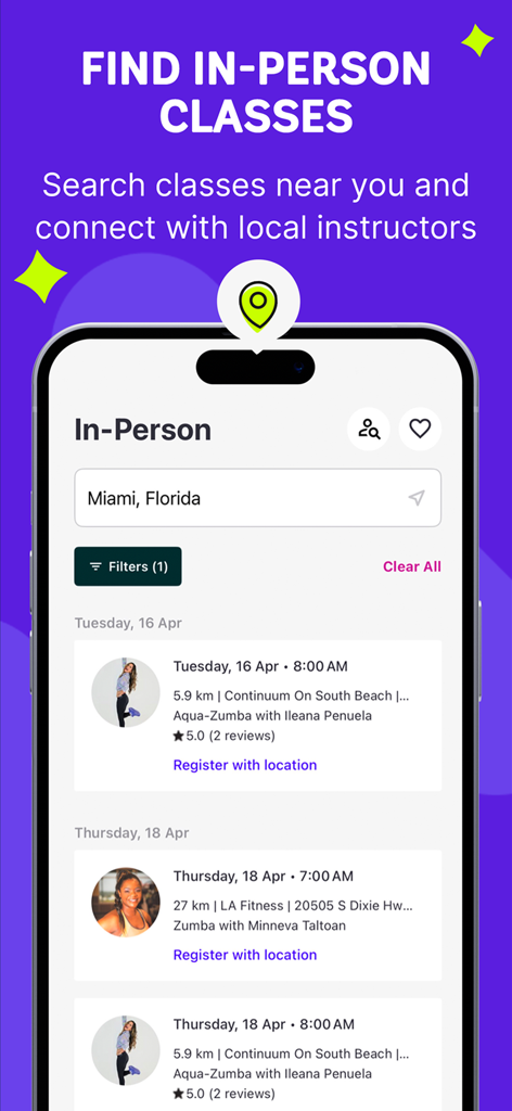 Zumba app interface showing the search results for local in person dance fitness classes in Miami Florida