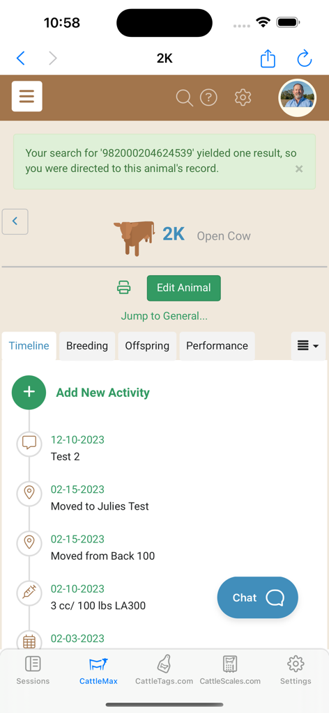 A mobile app interface showing a detailed cattle record with a chronological activity timeline including vaccinations and pasture movements