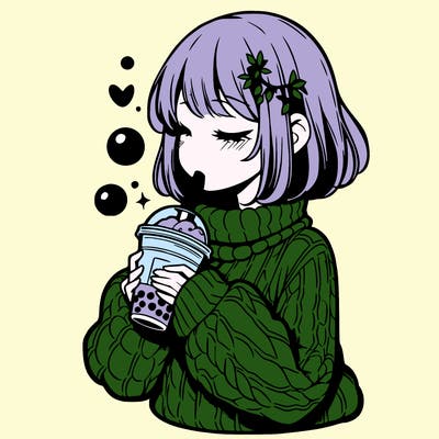 manga girl drinking boba in cozy sweater