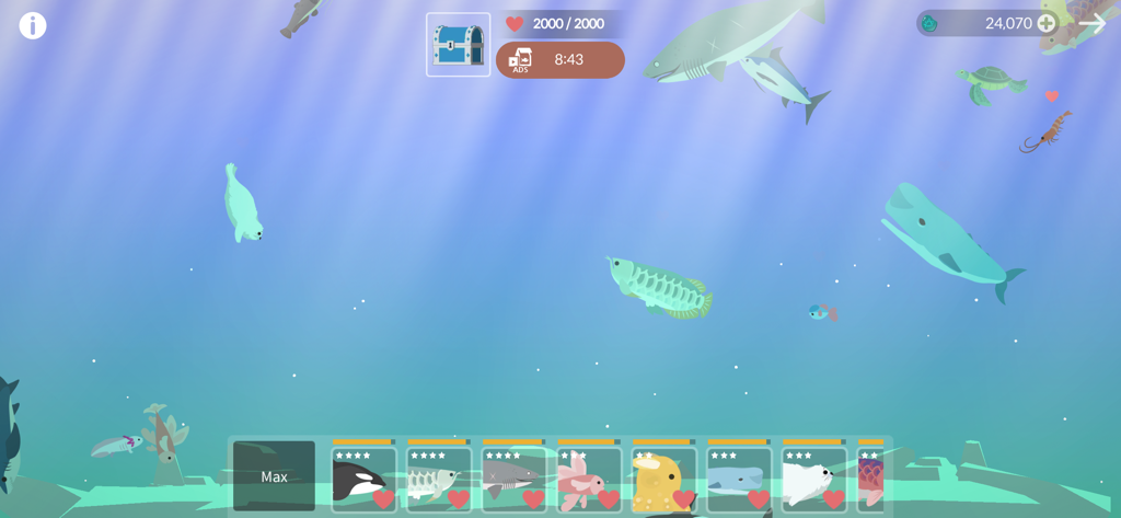 Casting Away - Underwater aquarium scene in Casting Away featuring a variety of sea creatures and fish collection menu