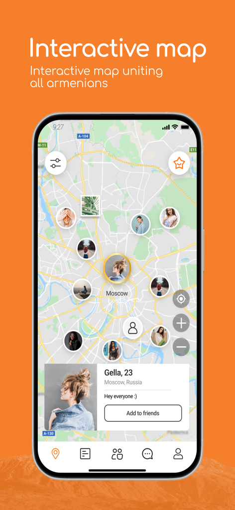 ArmFriend - Armenian community - Mapa interactivo de la aplicación móvil ArmFriend que muestra perfiles de usuario y miembros de la comunidad cercanos