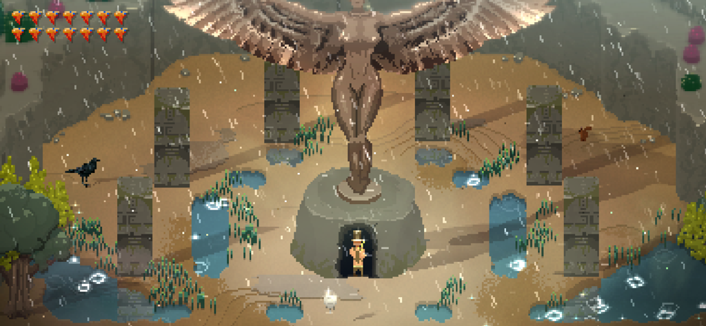 Pixel art scene from Songbringer featuring a character standing before a massive winged statue in the rain