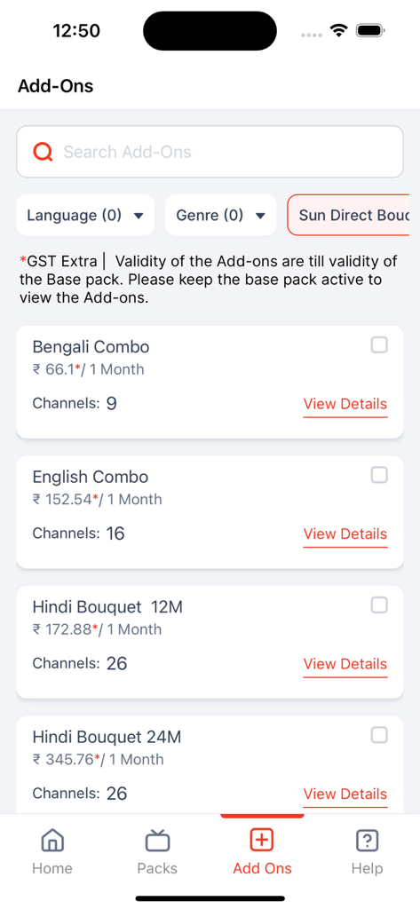 My Sun Direct App - My Sun Direct app screen showing available channel add-on packs and prices.