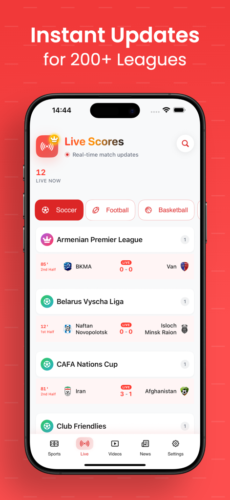 Hola Sports – Live Football - Smartphone screen displaying the Hola Sports app live scores interface with real-time updates for international soccer leagues