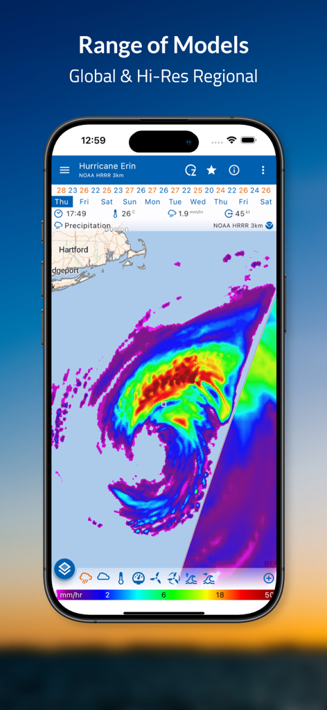 Flowx weather app interface showing a high resolution hurricane tracking map with color coded precipitation levels.