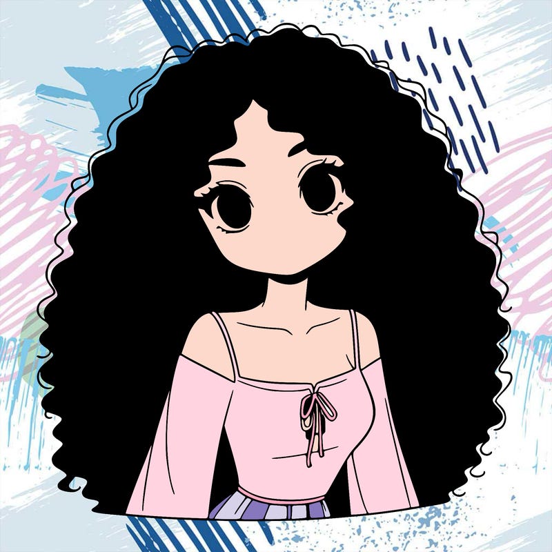 a black anime girl with long afro hair