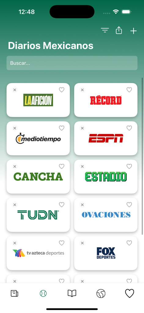 Diarios Mexicanos - Interface of the Diarios Mexicanos app displaying a grid of Mexican sports news sources like Record and ESPN.