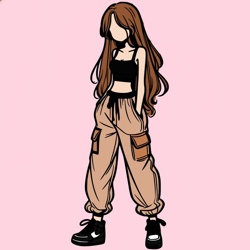 girl in baggy pants crop top and long hair