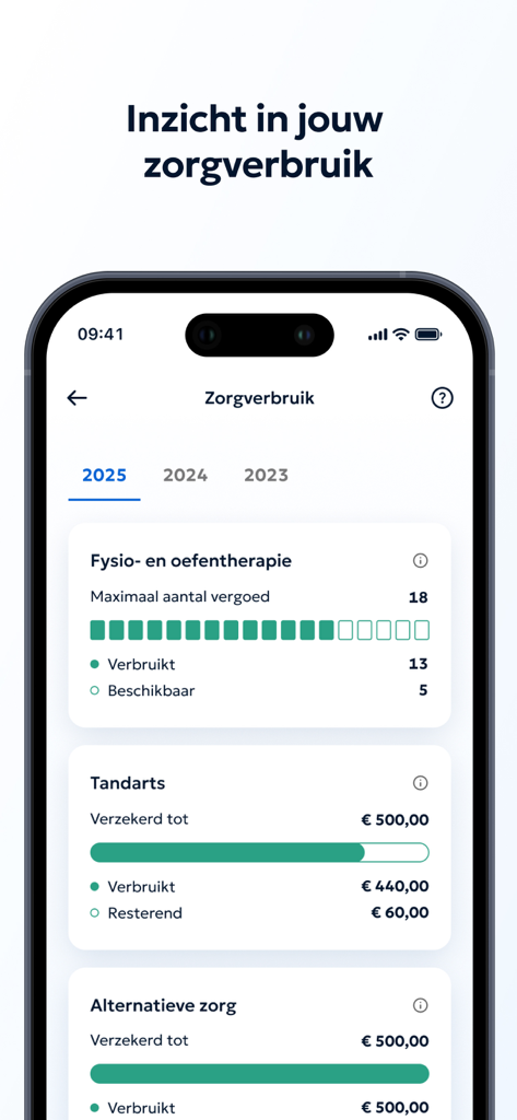 Menzis app - Menzis app screen displaying health insurance usage statistics for physiotherapy and dental services with progress bars