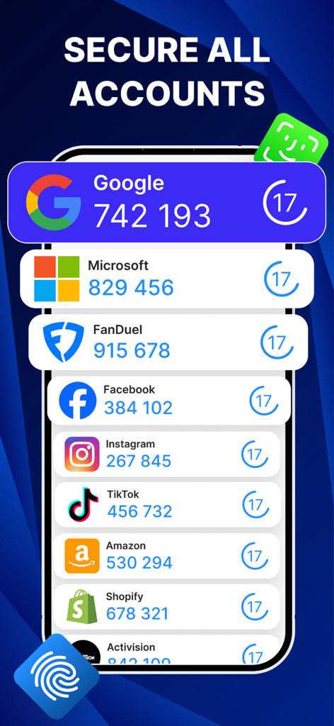 Authenticator app interface displaying multiple secure 2FA login codes for accounts like Google and Microsoft