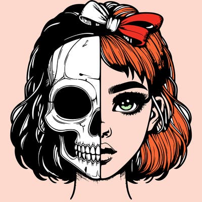 realistic girl with half skull mask