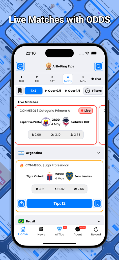 Mobile App-Oberfläche von KI-Wett-Tipps, die Live-Fußballspiele mit Wettquoten und KI-Vorhersagen anzeigt