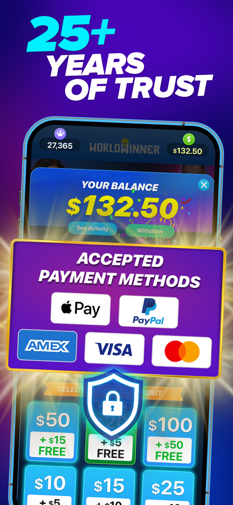 WorldWinner-App-Bildschirm, der sichere Zahlungsmethoden wie Apple Pay und PayPal mit 25 Jahren Vertrauen zeigt