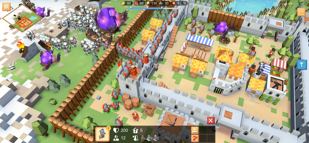 RTS Siege Up! - Gameplay screenshot of RTS Siege Up showing a medieval castle defense against an attacking army