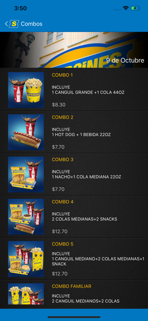 Supercines - Supercines app screen displaying various movie theater snack combos and their prices