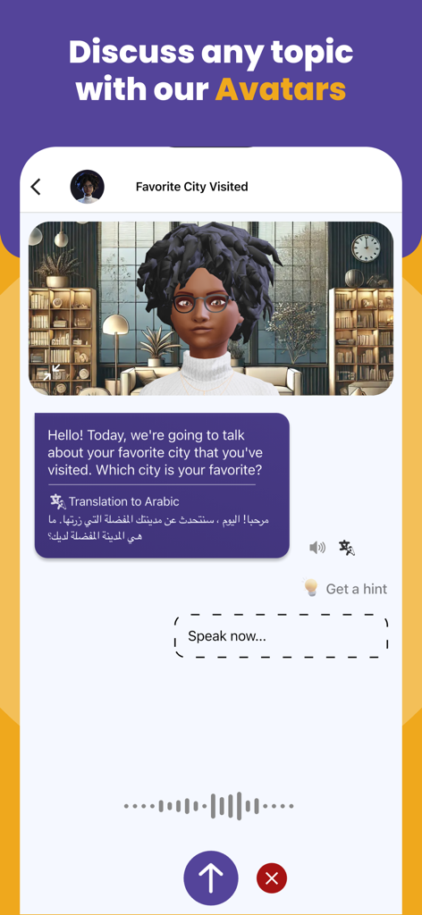 La interfaz de la aplicación BeNative que muestra una conversación con un avatar de IA sobre ciudades favoritas, incluyendo traducción en tiempo real.