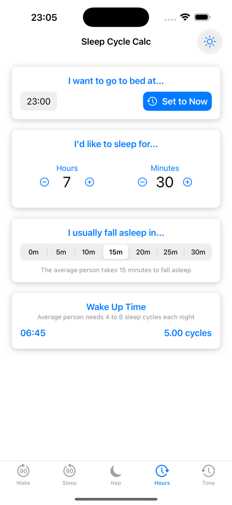 Interfaccia dell'app Sleep Cycle Calc per il calcolo dell'ora di risveglio in base all'ora di andare a dormire e alla durata del sonno desiderata.