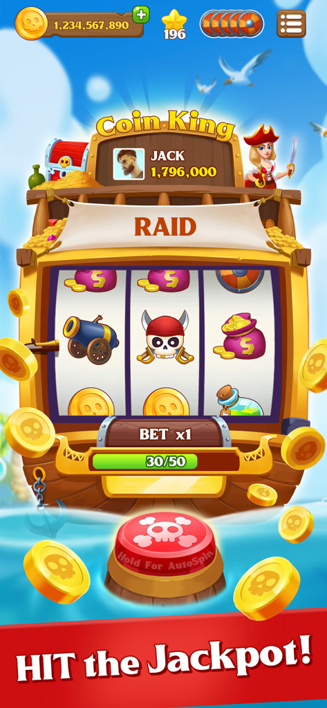 Pirate Master mobile game screenshot showing a pirate themed slot machine with a hit the jackpot banner