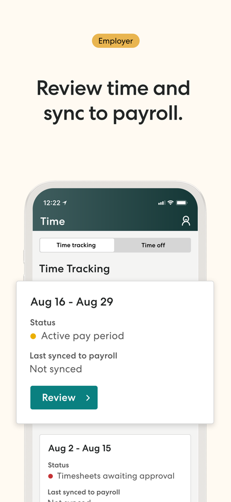 Gusto Mobile - Gusto Mobile employer screen for reviewing employee hours and syncing to payroll.