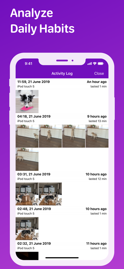 Pet Monitor VIGI - Activity log screen in Pet Monitor VIGI app displaying dog behavior snapshots with timestamps