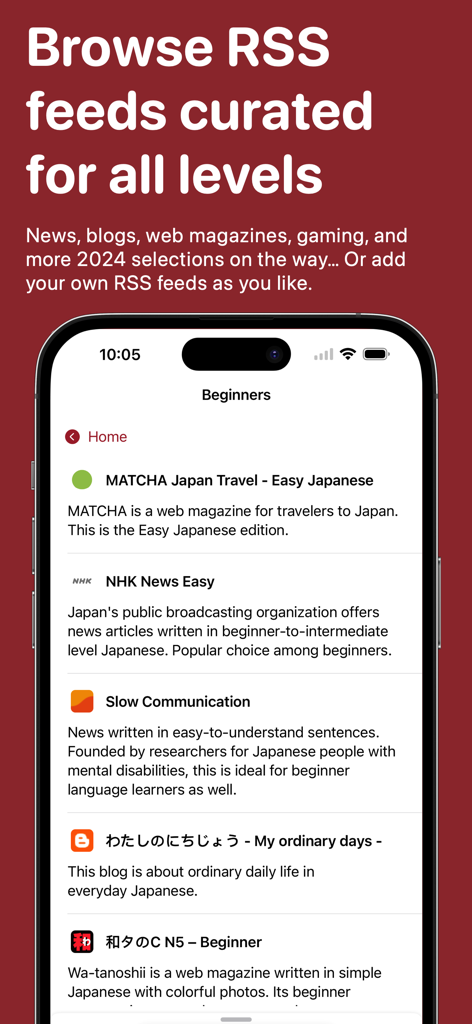 Learn Japanese: Manabi Reader - A screen showing curated Japanese RSS feeds for beginners including NHK News Easy and MATCHA within the Manabi Reader app.