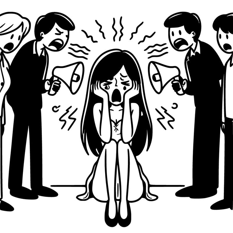 a feminine person alone screaming and people around them not listening