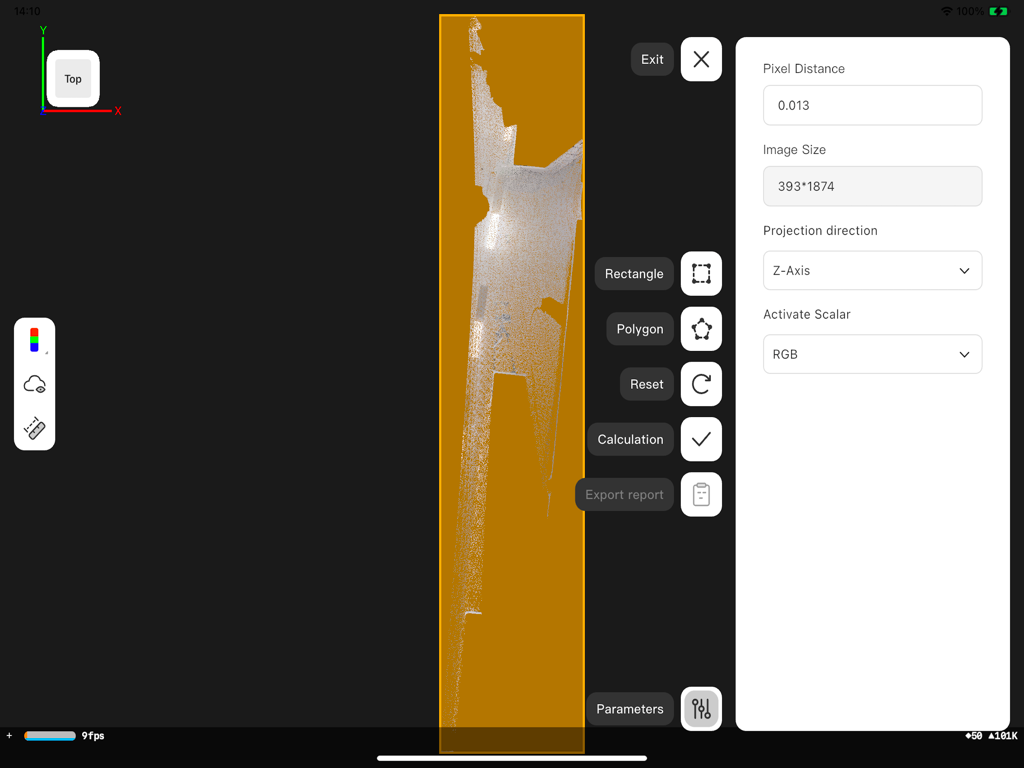 FJD Trion Model - Professional interface of FJD Trion Model app on iPad showing 3D point cloud data and measurement tools