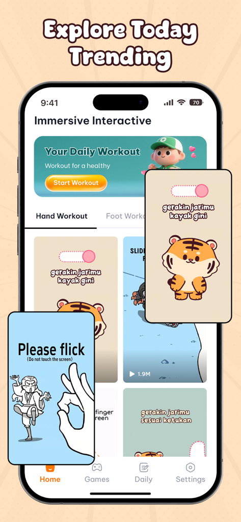 Mobile app interface for Immersive Interactive Workout displaying hand exercise cards with cartoon tigers
