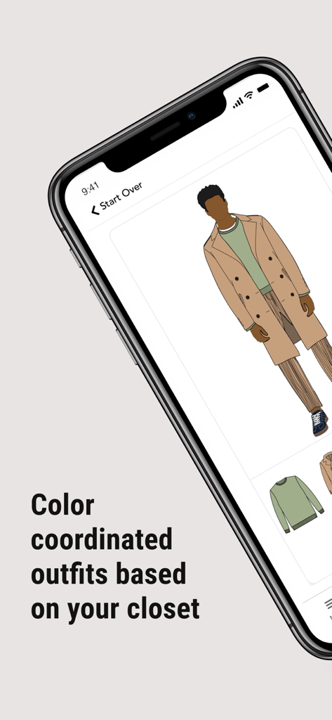 Twelve70: Outfit Generator - Twelve70 app interface showing color coordinated menswear outfit recommendations
