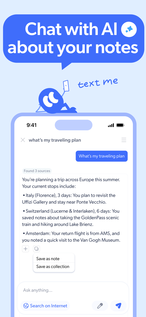 Mumble Note: AI Note Taker - Captura de pantalla de la aplicación Mumble Note mostrando la función de chat de IA resumiendo notas de viaje en un itinerario claro.