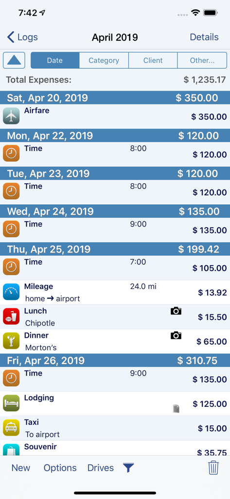 BizXpenseTracker Pro - A detailed business expense log screen in BizXpenseTracker Pro showing categories for airfare, time tracking, mileage, and meals with associated costs.