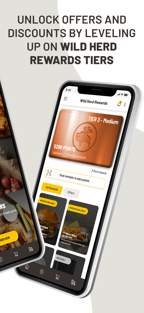 BWW International - Buffalo Wild Wings International 앱 Wild Herd Rewards 화면에 로열티 등급 및 획득한 포인트 표시