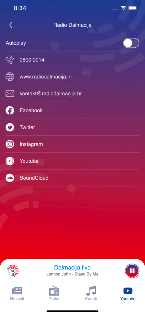Radio Dalmacija - Interface of the Radio Dalmacija app showing contact info and social media links.