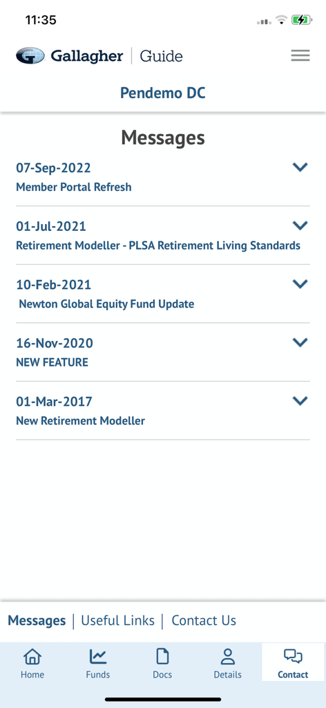 Gallagher Guide - Pensions - Screenshot of the Gallagher Guide Pensions app showing a list of member messages and fund updates